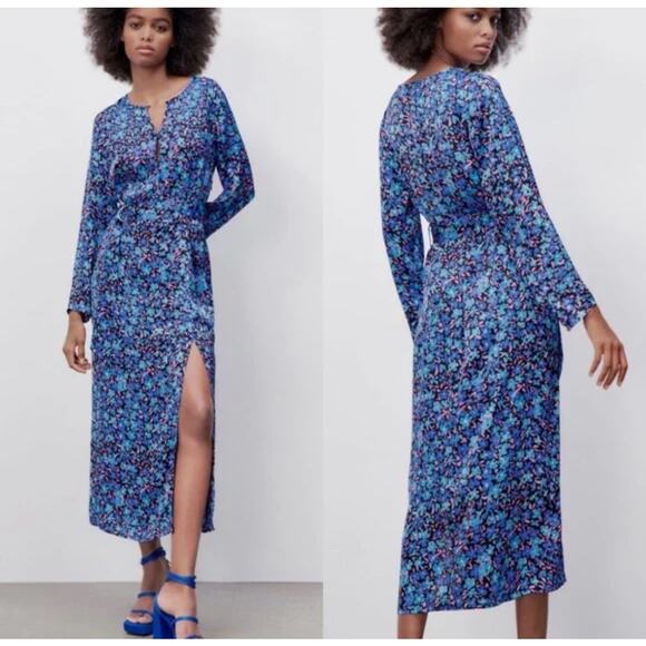 NEW NWT Zara Midi‎ Blue Floral Long Sleeve Satin Dress Small Belted Front Slit - Picture 1 of 10